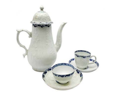 18th century Phillip Christian Liverpool reeded and floral moulded tea wares, comprising coffee pot, tea bowl and saucer, and
