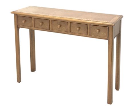 Contemporary oak, mahogany, and figured burr walnut narrow console table, moulded rectangular top with oak band and satinwood