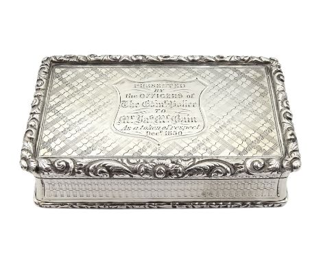 Victorian silver presentation snuff box, engraved floral border, engine turned decoration and central cartouche engraved 'Pre