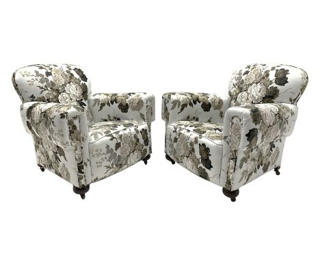 Pair early 20th century drawing room armchairs, beech frames and sprung seats, upholstered in 'Symphony.. An original screen 