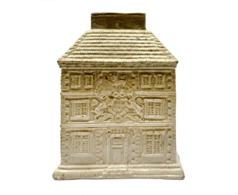 18th century Staffordshire salt glazed stoneware tea caddy, cast as a three story house with British Coat of Arms above the d
