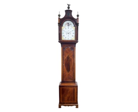 Early 19th century mahogany Hull longcase clock, pagoda top hood with finials, stepped arched glazed door flanked by fluted p