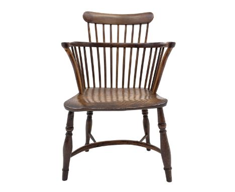 Early 19th century elm and yew wood Thames Valley comb back armchair, dished elm seat, turned supports jointed by crinoline s