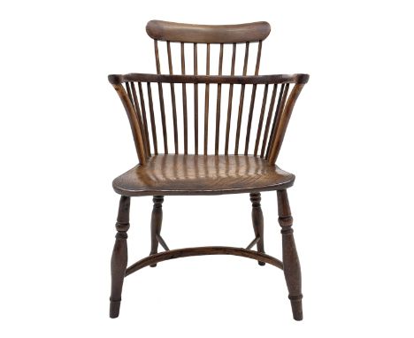 Early 19th century elm and yew wood Thames Valley comb back armchair, dished elm seat, turned supports jointed by crinoline s