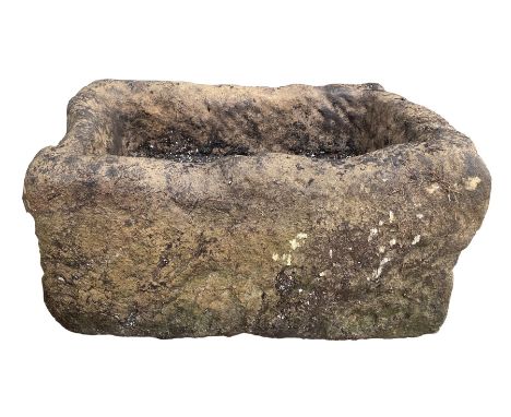 18th/19th century rough cut and hewn stone trough planter, rectangular form with shallow dugout centre   Location: Duggleby S