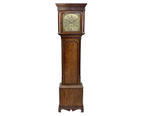 George III oak and mahogany banded longcase clock, the hood with projecting cornice over blind fret work frieze and plain col