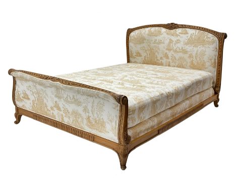 20th century French beech 5� Kingsize upholstered bedstead, ribbon and leaf carved cresting rail, with box base, mattress and