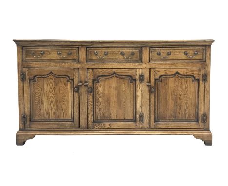 Georgian style distressed light oak sideboard, fitted with three drawers and cupboards, L168cm, D46cm, H91cm