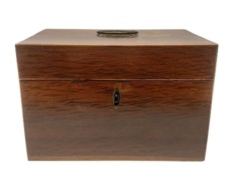 George III plum pudding mahogany tea caddy, of rectangular form with handle to the hinged cover, opening to reveal a removabl