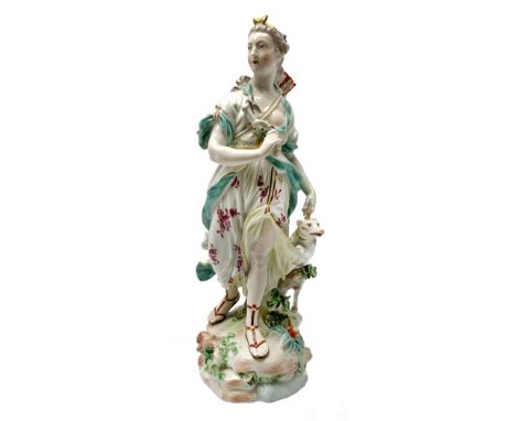 Mid 18th century Derby porcelain figure modelled as Dianna the Huntress, with quiver of arrows upon her back and dog by her s