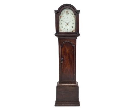 Late 18th century oak longcase clock, the stepped arch pediment over glazed door with two column pilasters, stepped arched tr