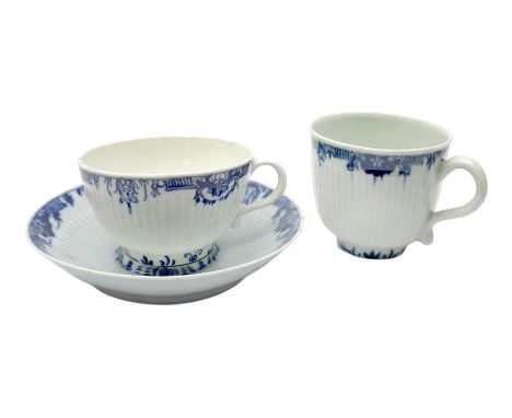 18th century Worcester trembleuse saucer, tea cup, and coffee cup, circa 1760, each of part reeded form with lambrequin borde