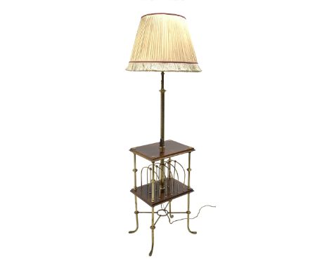 Edwardian walnut and brass standard lamp and combination magazine rack, moulded rectangular top over six division rack suppor