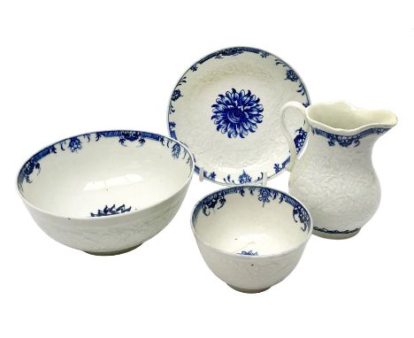 18th century Worcester floral moulded tea wares, comprising tea bowl, saucer, slop bowl, and cream jug, circa 1765, each deco