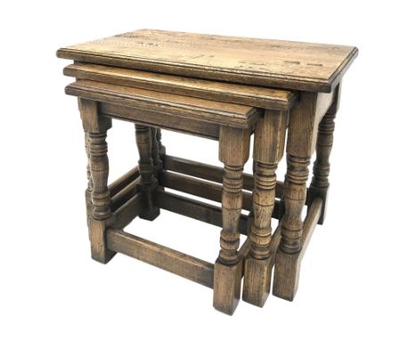Traditional distressed light oak rectangular nest of three tables, turned legs, W59cm, D33cm, H47cm