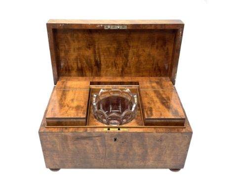 George III mahogany tea caddy, of rectangular form with twin lug handles, raised upon four compressed bun feet, the hinged co