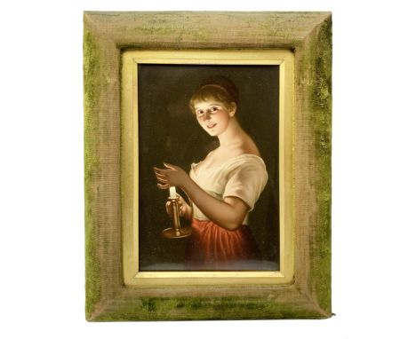 19th century KPM Berlin porcelain plaque, titled 'Gute Nacht' (Good Night), painted with a young girl holding a chamber stick