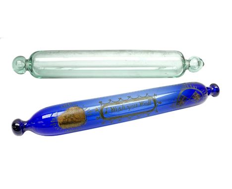 19th century Bristol blue glass rolling pin, with printed and gilt decoration of a schooner, crossed union flags, and inscrip