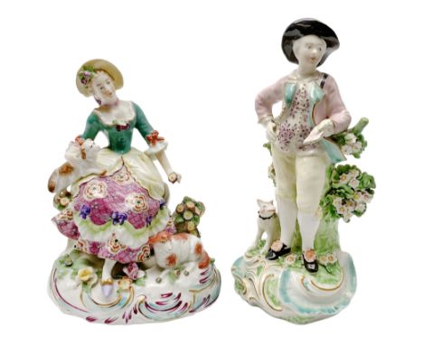 Mid 18th century Derby porcelain figure of a garland shepherd, stood with dog by his feet and letter in his outstretched hand