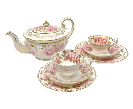 Early 19th century Daniel tea set for one, comprising tea pot, tea cup and saucer, and plate, decorated in pattern no 3785, p