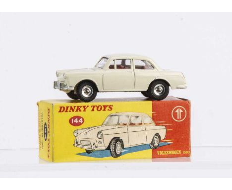 A Dinky Toys 144 Volkswagen 1500, off-white body, red interior, gloss black base, spun hubs, 'M' tyres, suitcase in boot, in 