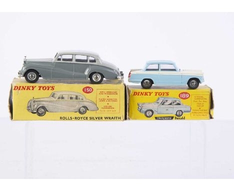 Dinky Toys 189 Triumph Herald, light blue roof and sides, white centre, spun hubs, 150 Rolls-Royce Silver Wraith, two-tone gr