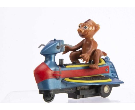 A Golden Gate Hong Kong Plastic Friction Drive Fireball XL5 Jetmobile, 1960's toy in blue, red and yellow with Zooney figure,