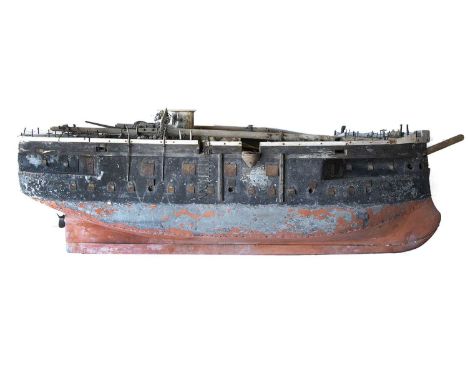 A very large distressed wooden model of circa 1876 HMS Temeraire,   constructed in wood with metal parts, finished in black a
