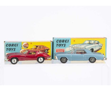 Corgi Toys American Cars, 245 Buick Riviera, metallic steel blue body, red interior, wire wheels, 310 Chevrolet Corvette Stin