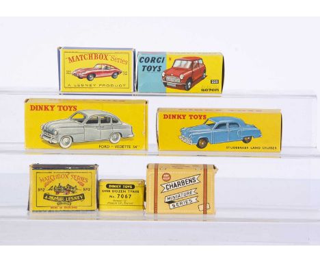 Various Diecast Empty Boxes, French Dinky Toys 24-X Ford Vedette 54, Dinky Toys 172 Studebaker Land Cruiser, 7067 One Dozen T