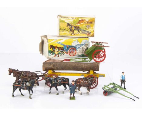 Boxed farm vehicles by Britains and Charbens comprising Britains 4F Tumbrel Cart (missing 1 pin to hold shafts to cart), othe