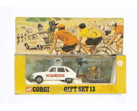 A Corgi Toys Gift Set 13 Tour de France Paramount Film Unit, white/black Renault R16, Cameraman, Cyclist, in original window 