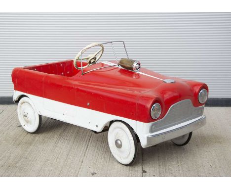 A Tri-ang Toys T.75 Ford Zephyr Pedal Car, as shown in the 1959 catalogue, red over white duotone pressed steel body, chrome 