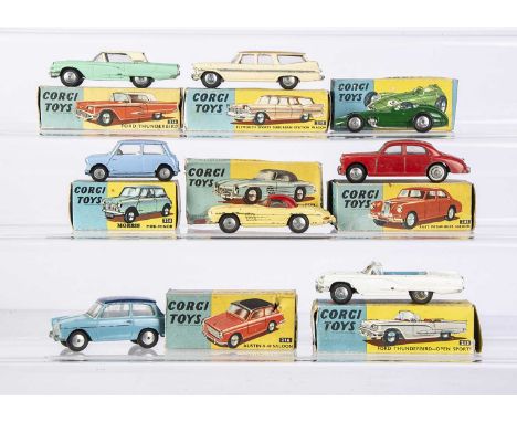 Boxed Corgi Toys, 216 Austin A.40 Saloon, 226 Morris Mini Minor, 205 Riley Pathfinder Saloon, 219 Plymouth Sports Suburban St