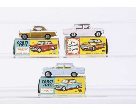 Corgi Toys 232 Fiat 2100, pale pink body, mauve roof, lemon interior, 217 Fiat 1800, light blue body, lemon interior, 231 Tri