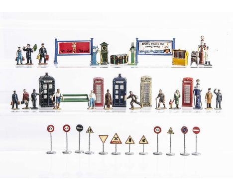 Dinky Toy Accessories, including 12c Telephone Box, 750 Telephone Box (2), 42a Police Box, 751 Police Box, Petrol Pumps (4), 