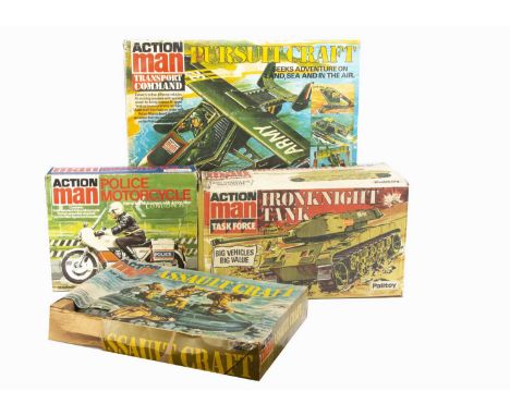 Vintage Palitoy Action Man Vehicles, Ironknight Tank, Pursuit Craft, Police Motorcycle and Assault Craft, in original boxes w