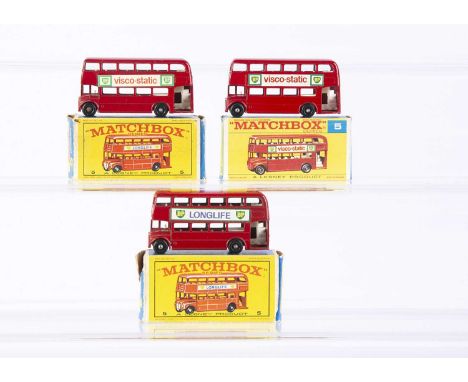 Three Boxed Matchbox Lesney 1-75 Series 5d Routemaster Bus Models, one with 'BP Visco Static' decals, VG housed in a hard to 