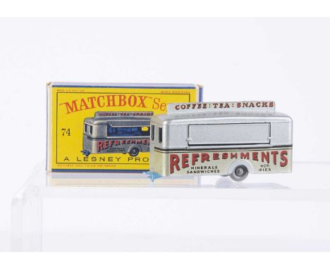 A Matchbox Lesney 1-75 Series 74a Mobile Refreshments Canteen, silver body, light blue base, 36-tread GPW, in original type D