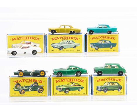 Six Boxed Models From The Matchbox Lesney 1-75 Regular Wheel Range, 8e Ford Mustang, 19d Lotus Racing Car, 33b Ford Zephyr 6,