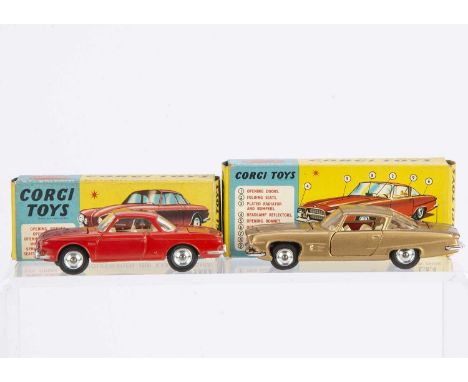 Corgi Toys Ghia Designed Cars, 239 Volkswagen 1500 Karmann Ghia, red body, white interior, spare wheel, spun hubs, 241 Chrysl