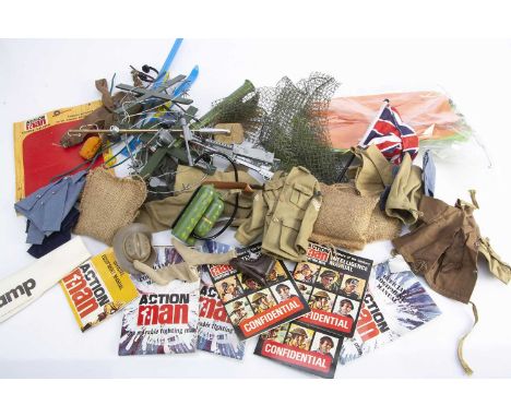 Vintage Action Man Weapons, Clothing & Accessories, including Australian Jungle Fighter campaign hat, jacket, shorts, socks, 