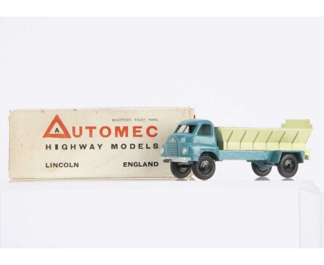 An Automec Bedford Lime Spreader Truck, turquoise body, pastel green hopper, 'Lime Spreader' label to rear, black ridged hubs