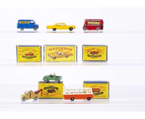 Matchbox Lesney 1-75 Series Commercials, 25a Bedford 'Dunlop' Van, GPW, 20c Chevrolet Impala Taxi, 13a Bedford Wreck Truck, 1