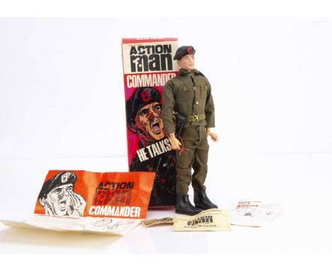 A 1960's Palitoy Action Man (Talking) Commander, dressed figure with fatigue jacket, trousers, black boots (short), beret, ho