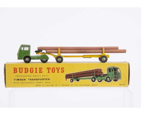 A Budgie Toys No.230 Seddon Timber Transporter, green cab, with windows, yellow trailer, silver plastic hubs, five logs, in o