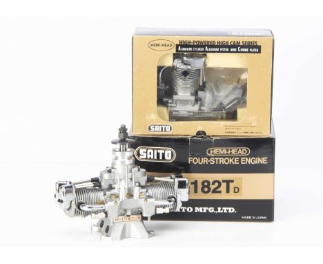Pair of Saito Model Aircraft 4-Stroke Aero Engines one unused,  FA 91S and unused FA 182T Flat Twin Glow Engine, both in orig