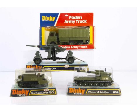 1970's Military Dinky Toys, 654 155mm Mobile Gun, 622 Bren Gun Carrier, 668 Foden Army Truck, in original boxes, with 656 88m