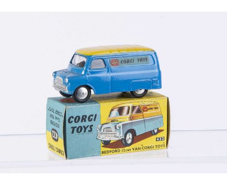 A Corgi Toys 422 Bedford 12 cwt 'Corgi Toys' Van, blue body, yellow ribbed roof, undivided windscreen, 'Corgi Toys' decals, f