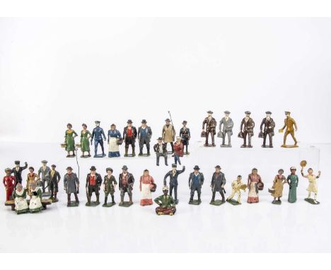 Selection of lead civilian figures including uncommon Britains and John Hill examples comprising Timpo Mahout for Tiger Hunt,